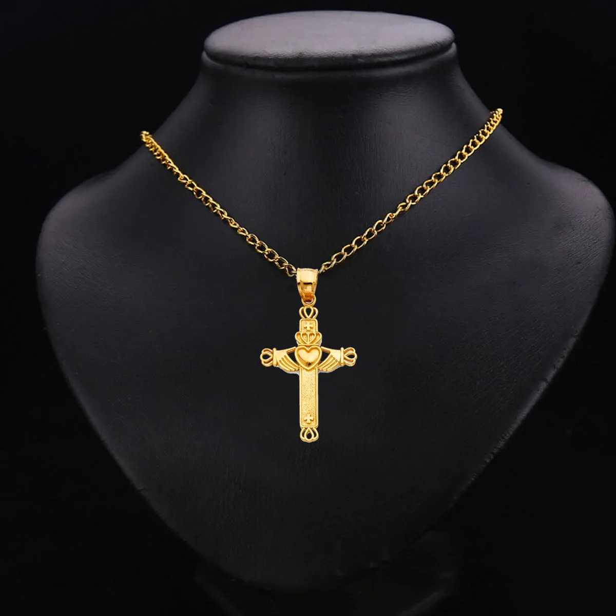 14K Yellow Gold Claddagh Cross Religious Pendant