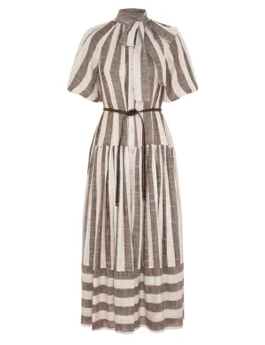 Acacia Blouson Shirt Dress in Chocolate/Cream