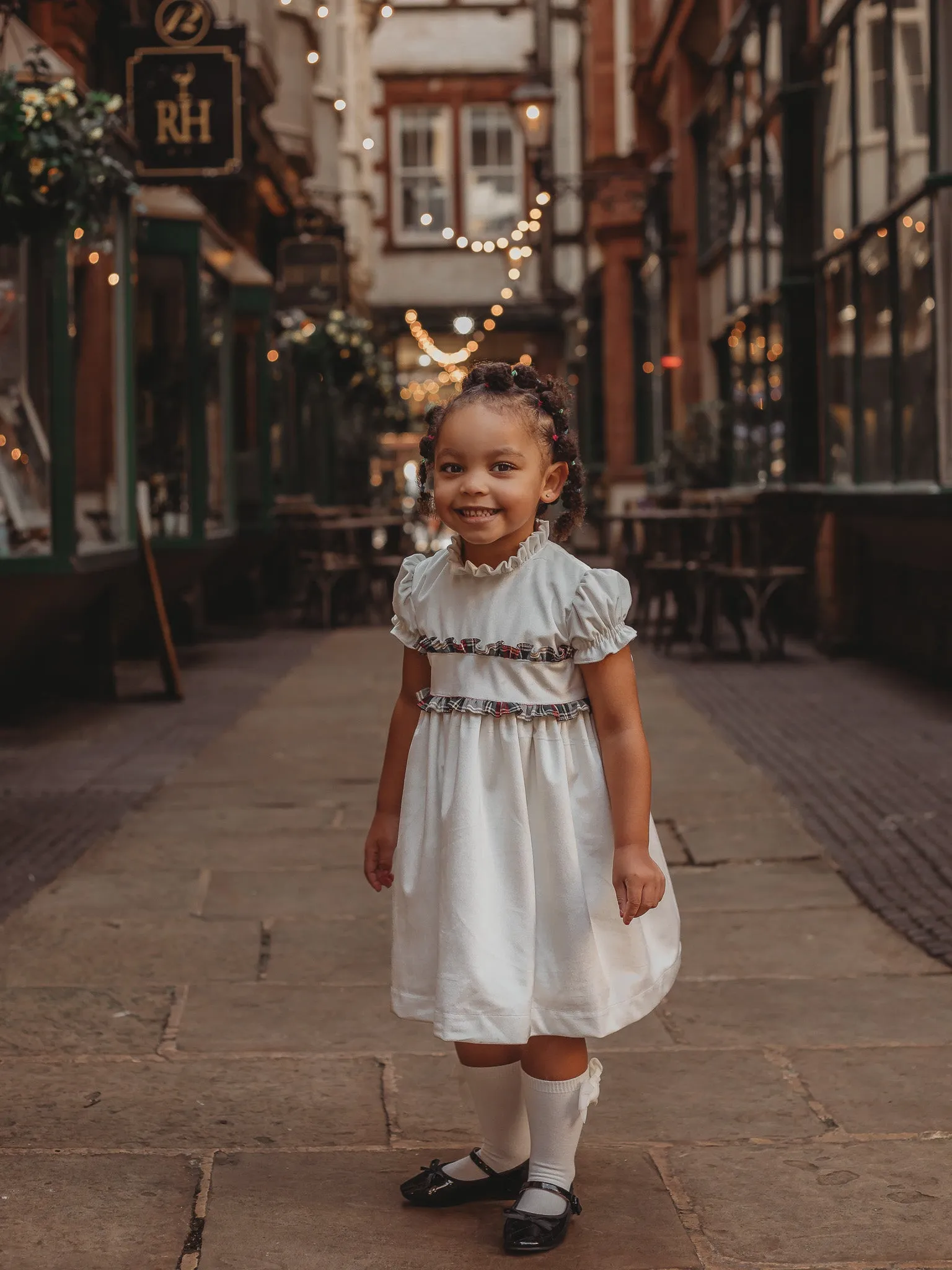'Angel' ivory velvet & tartan dress