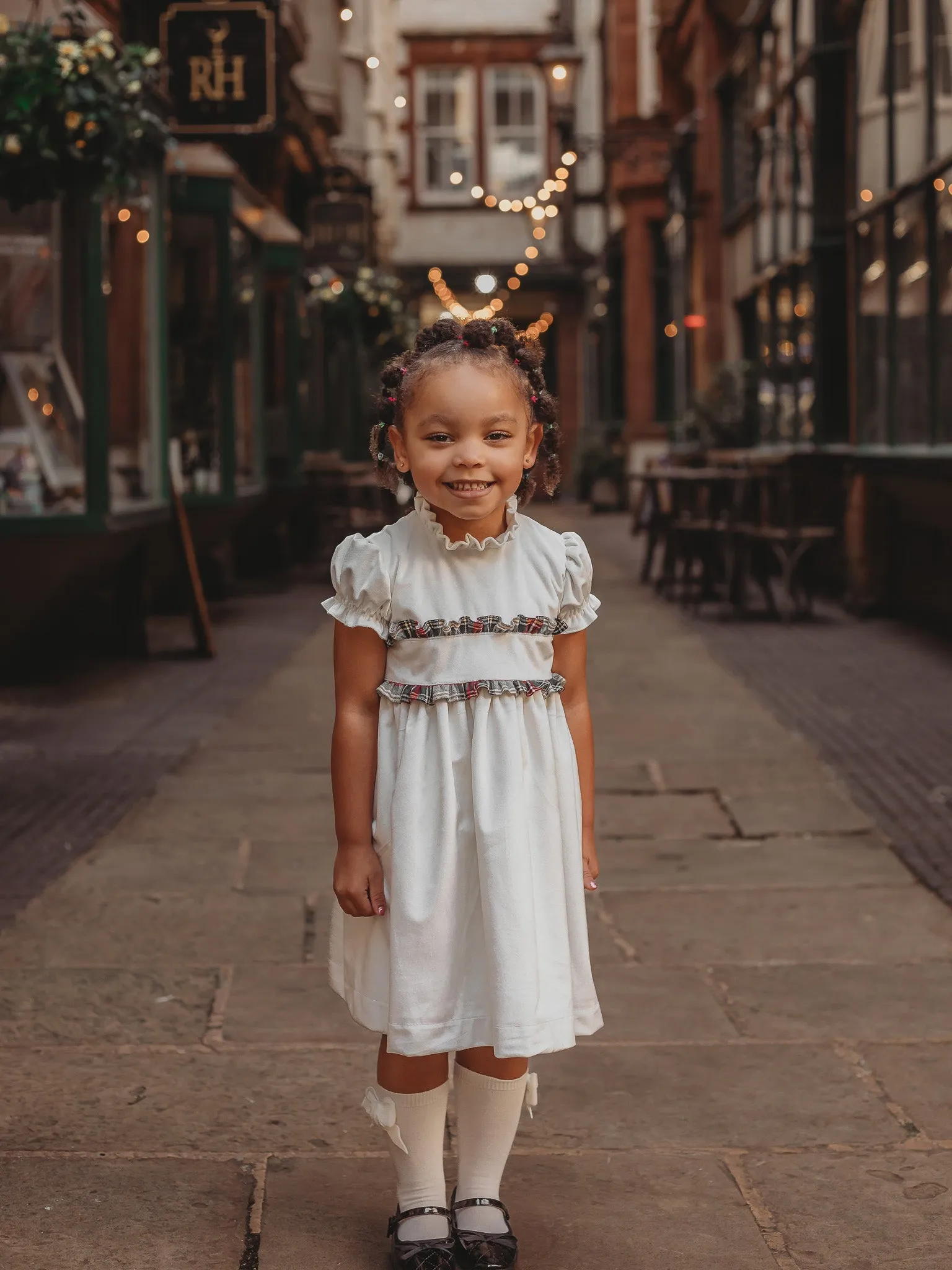 'Angel' ivory velvet & tartan dress