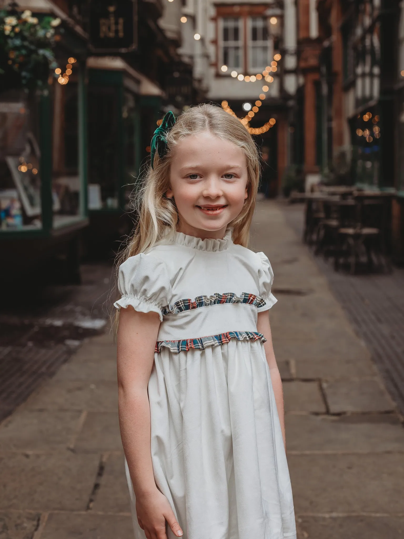 'Angel' ivory velvet & tartan dress
