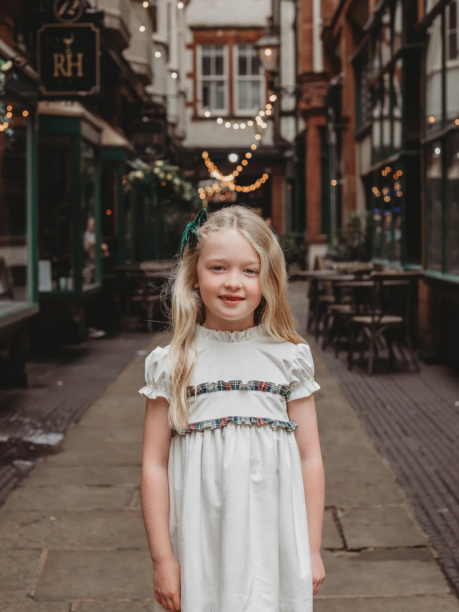 'Angel' ivory velvet & tartan dress