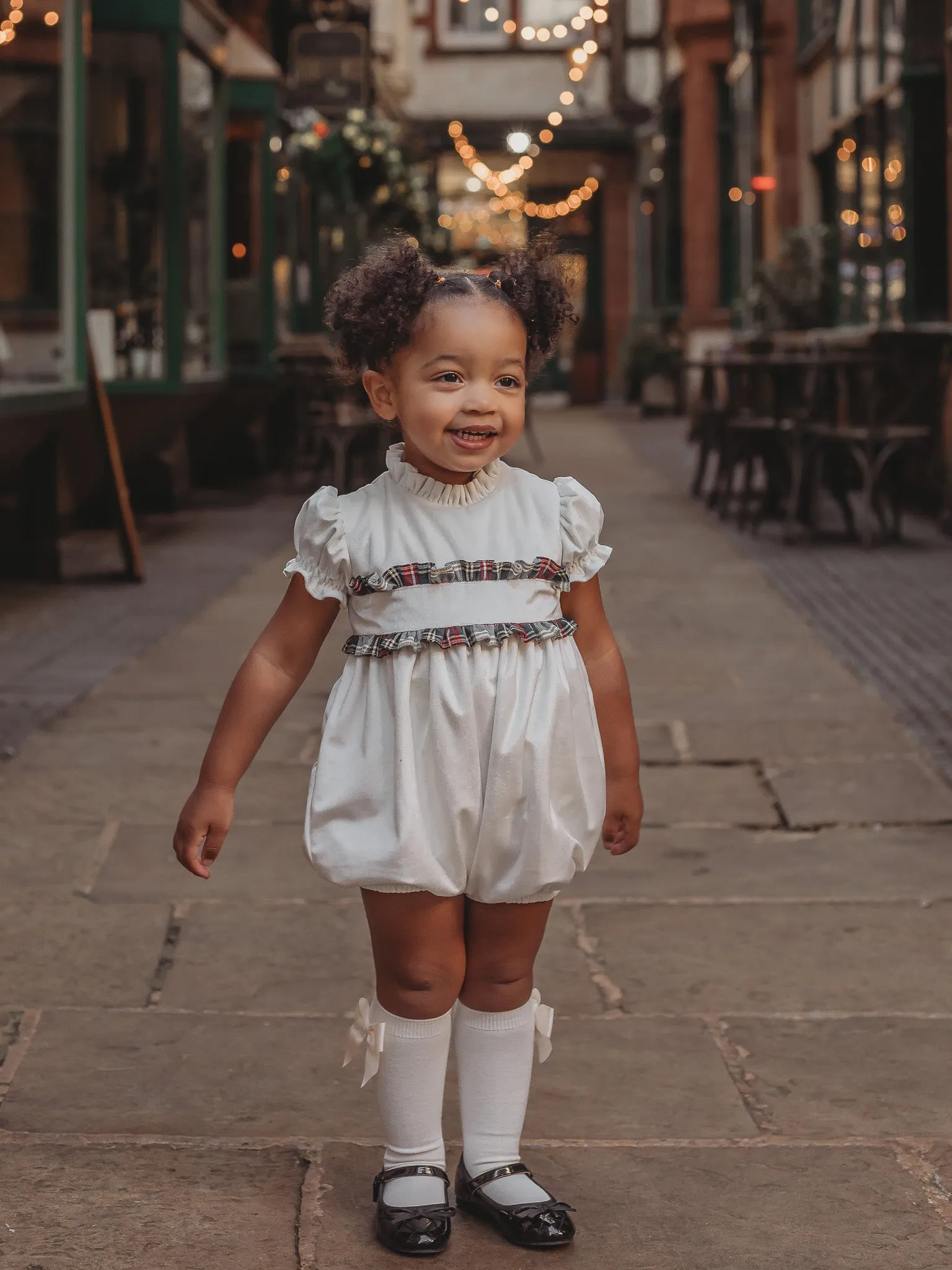 'Angel' ivory velvet & tartan romper