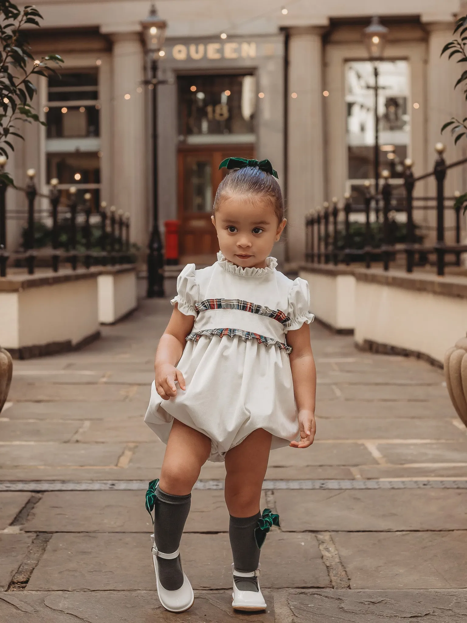 'Angel' ivory velvet & tartan romper