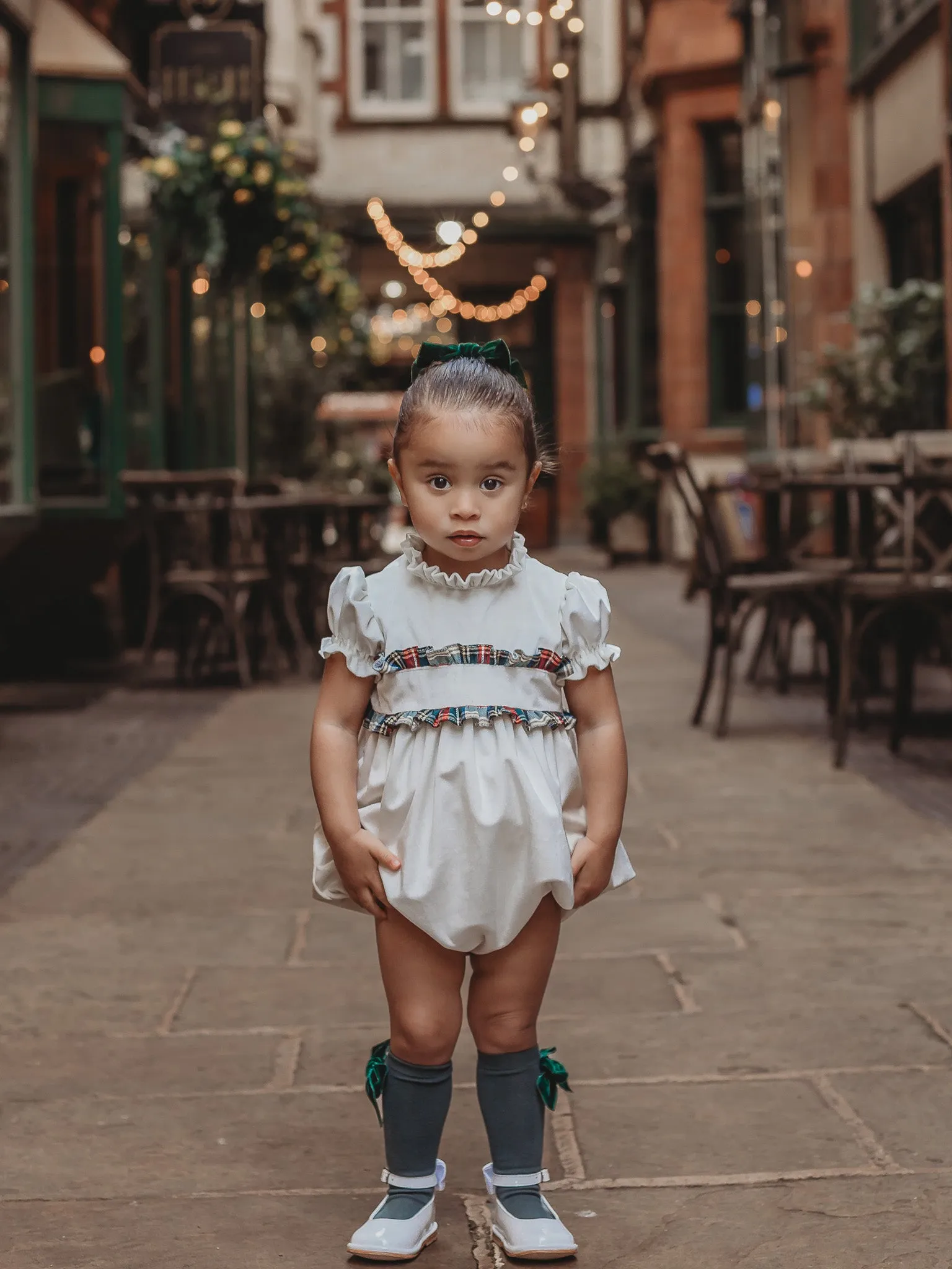 'Angel' ivory velvet & tartan romper