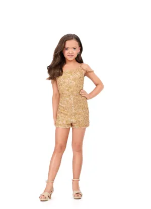 Ashley Lauren Kids 8195 Spaghetti Strap Girls Romper Fully beaded With Off The Shoulder Detail