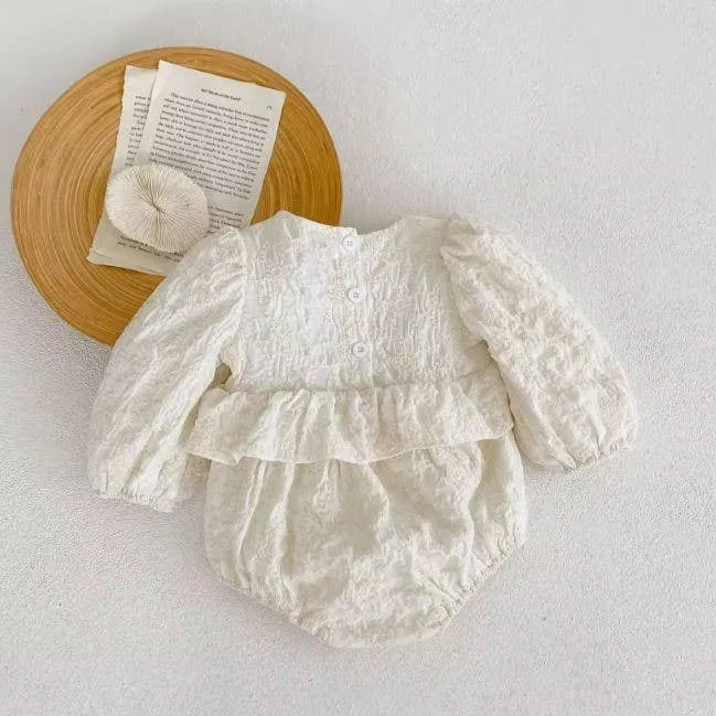 Baby Girls Ivory Embossed Ruffle Waist Romper