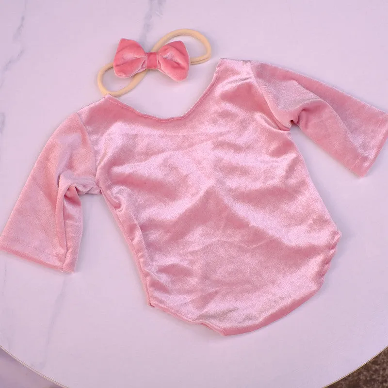 Babymoon | Set of 2 | Baby Velvet Romper and Hairband | Baby Photoshoot Props | Baby Costume | Pink