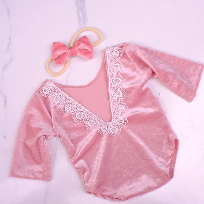 Babymoon | Set of 2 | Baby Velvet Romper and Hairband | Baby Photoshoot Props | Baby Costume | Pink