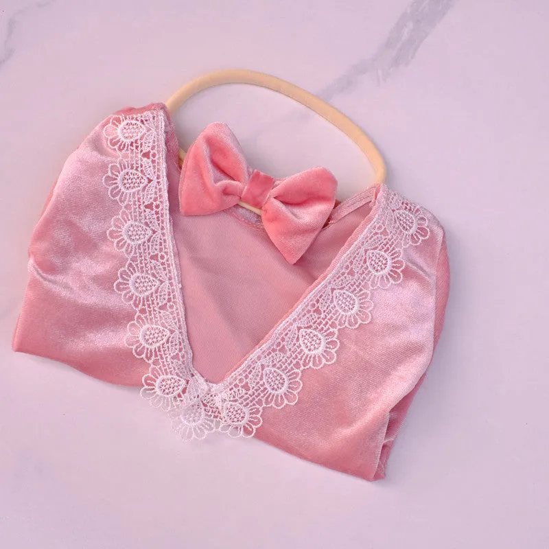 Babymoon | Set of 2 | Baby Velvet Romper and Hairband | Baby Photoshoot Props | Baby Costume | Pink