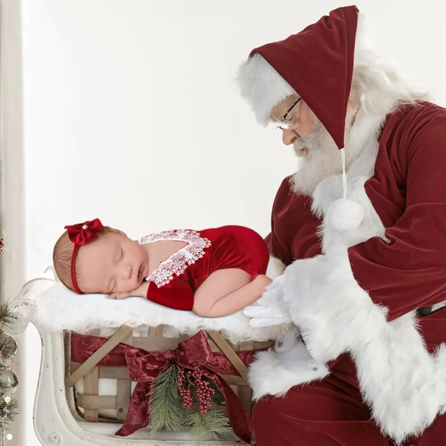 Babymoon | Set of 2 | Baby Velvet Romper and Hairband | Baby Photoshoot Props | Baby Costume | Red