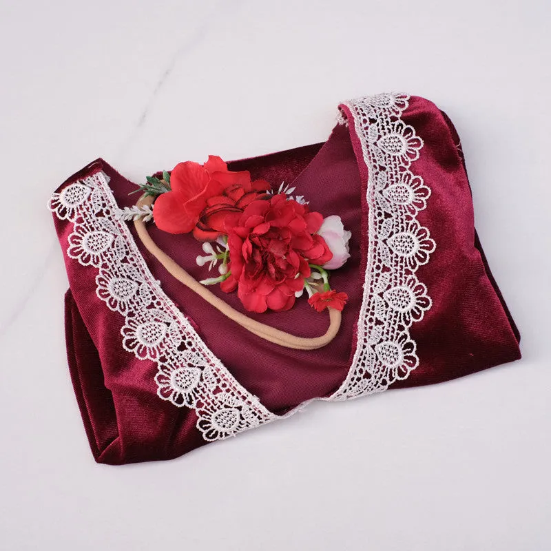 Babymoon | Set of 2 | Baby Velvet Romper and Hairband | Baby Photoshoot Props | Baby Costume | Red