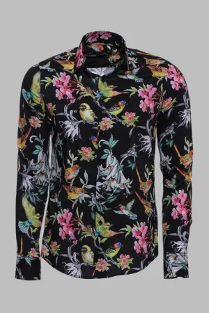 Birds And Flowers Patterned Slim Fit Long Sleeves Black Men Shirt - Wessi