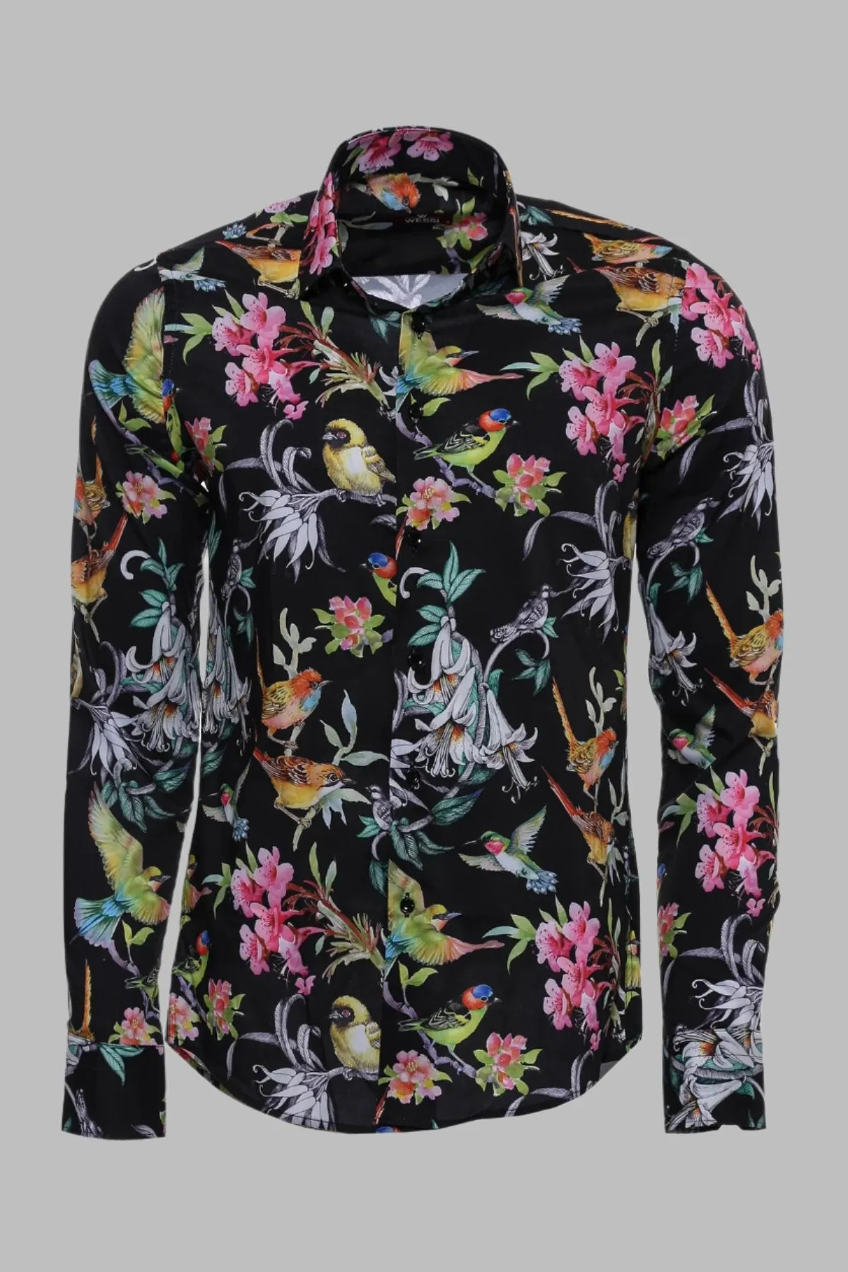 Birds And Flowers Patterned Slim Fit Long Sleeves Black Men Shirt - Wessi