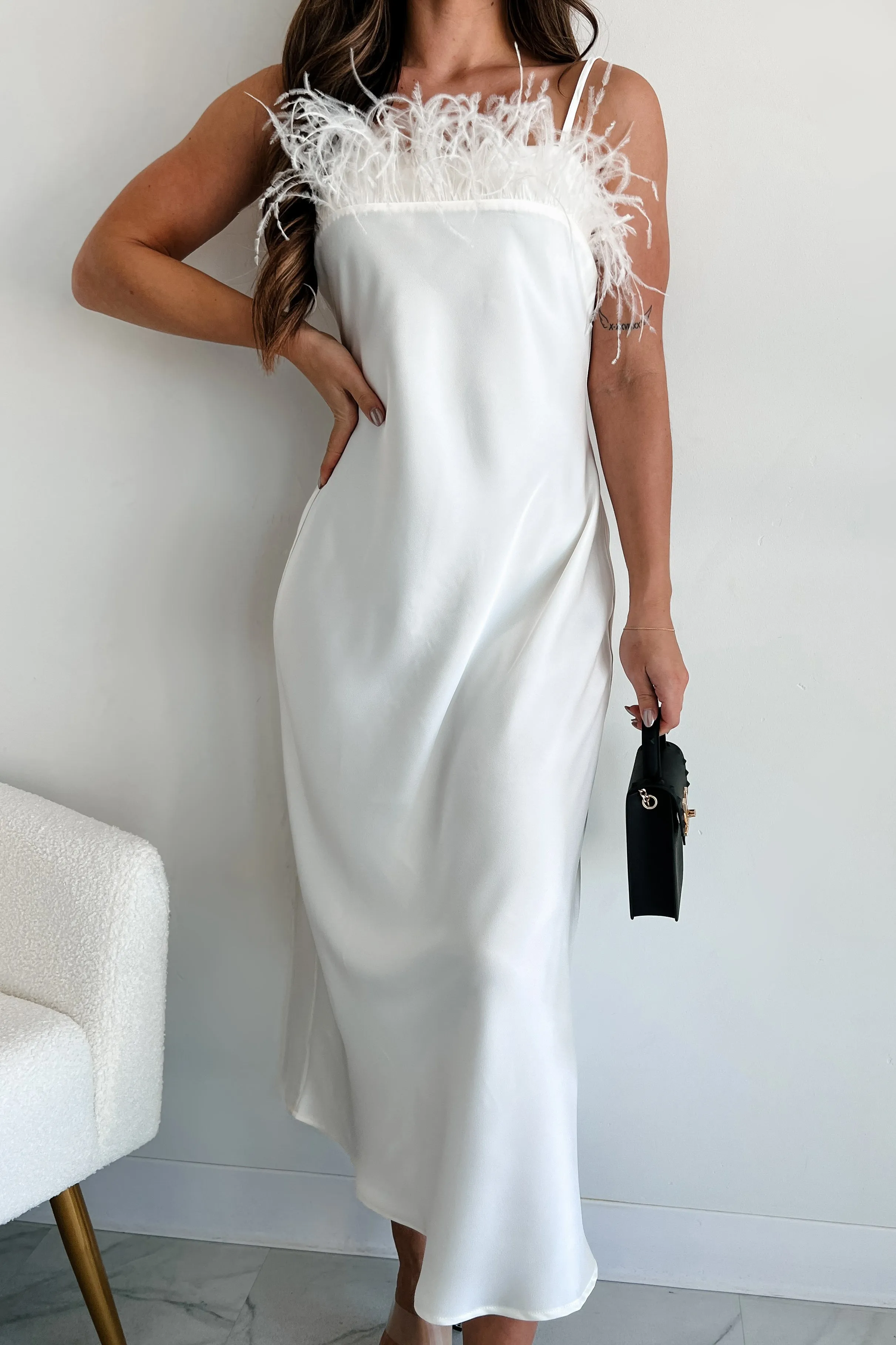 Birds Of Paradise Faux Feather Trim Midi Dress (Ivory)