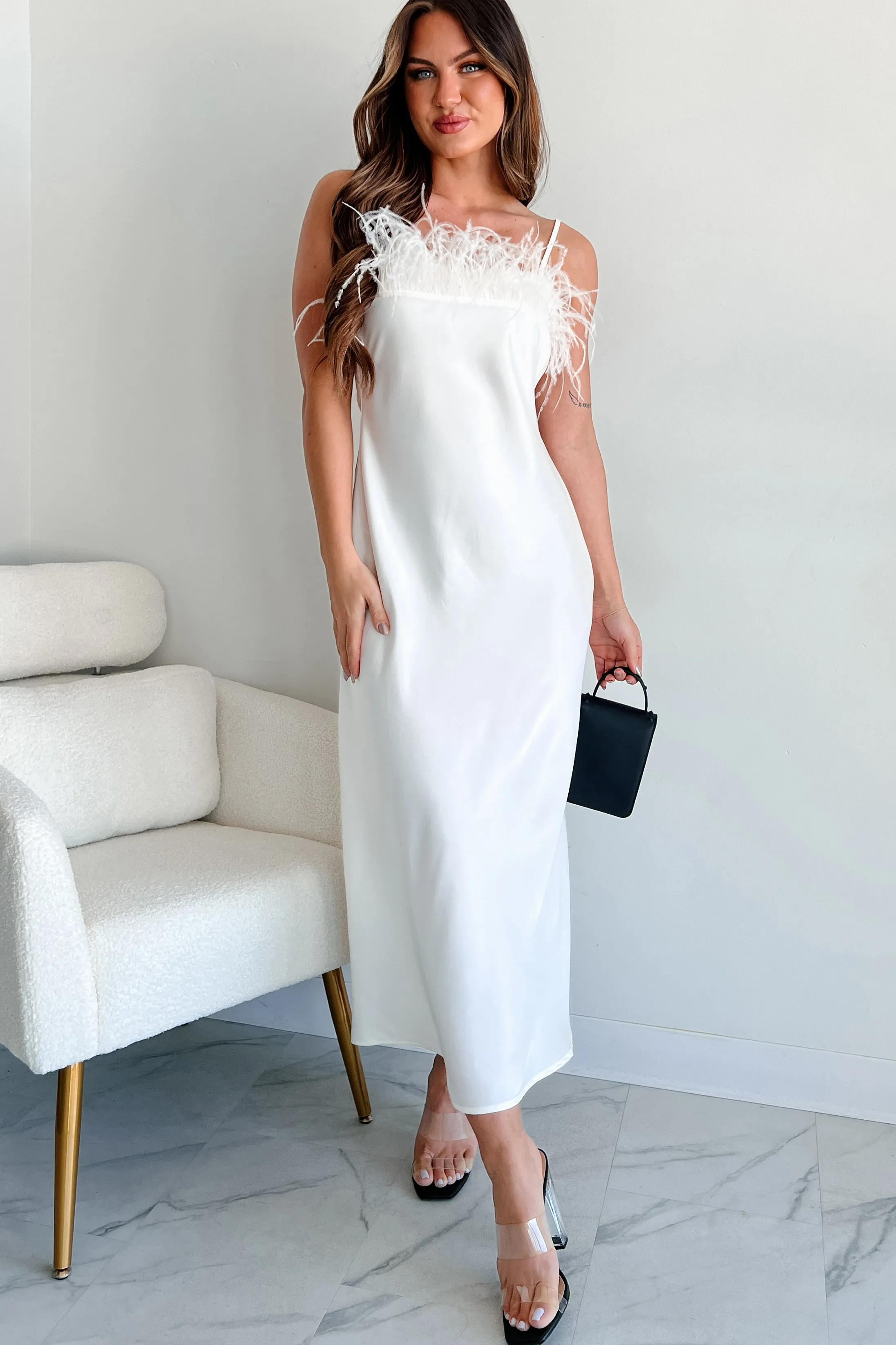 Birds Of Paradise Faux Feather Trim Midi Dress (Ivory)