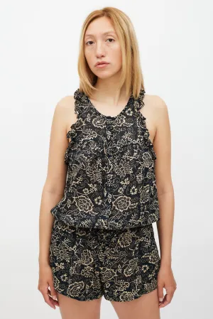 Black & Beige Floral Ruffled Trim Romper