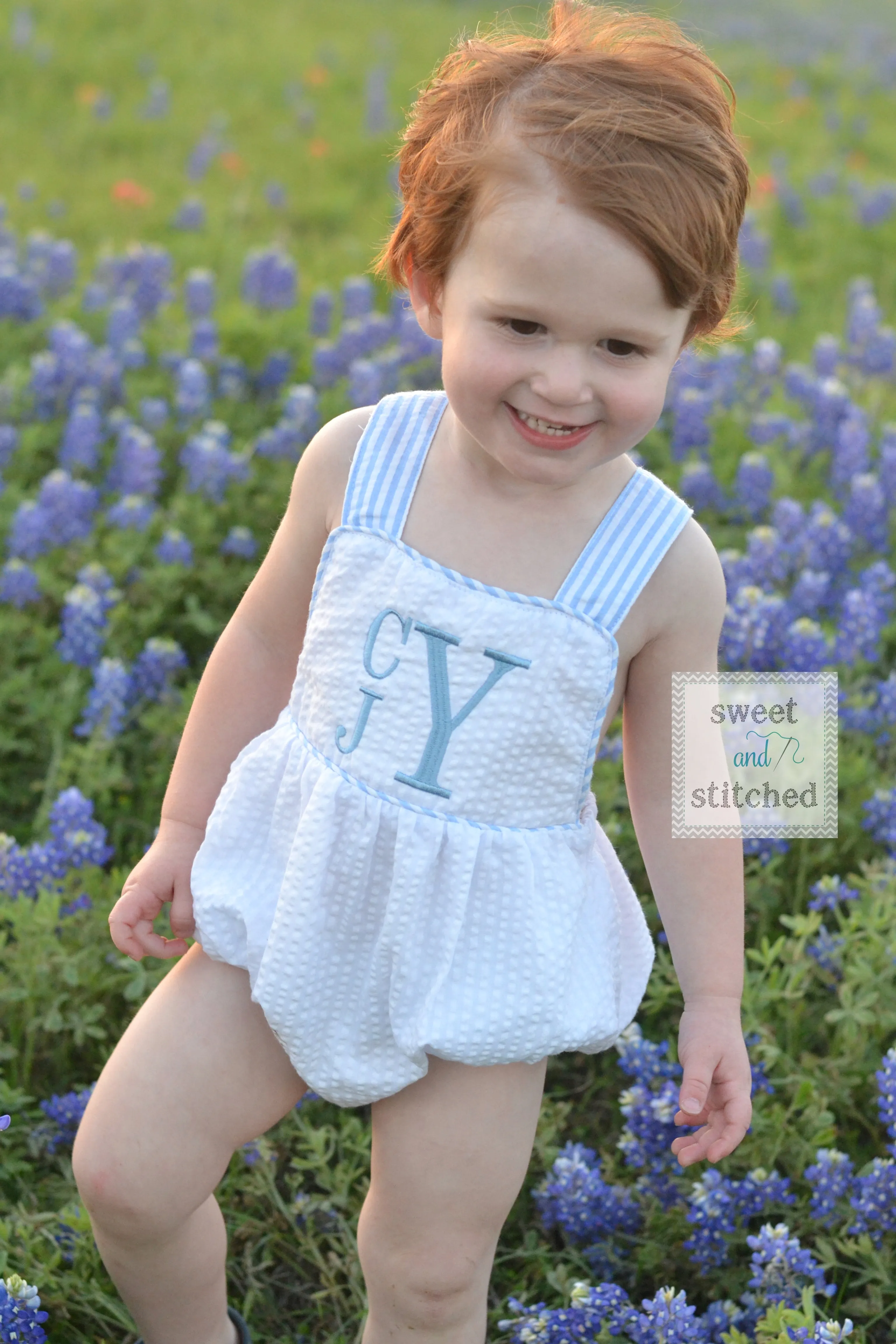 BLANK baby boy seersucker outfit, bubble romper sunsuit BLANK