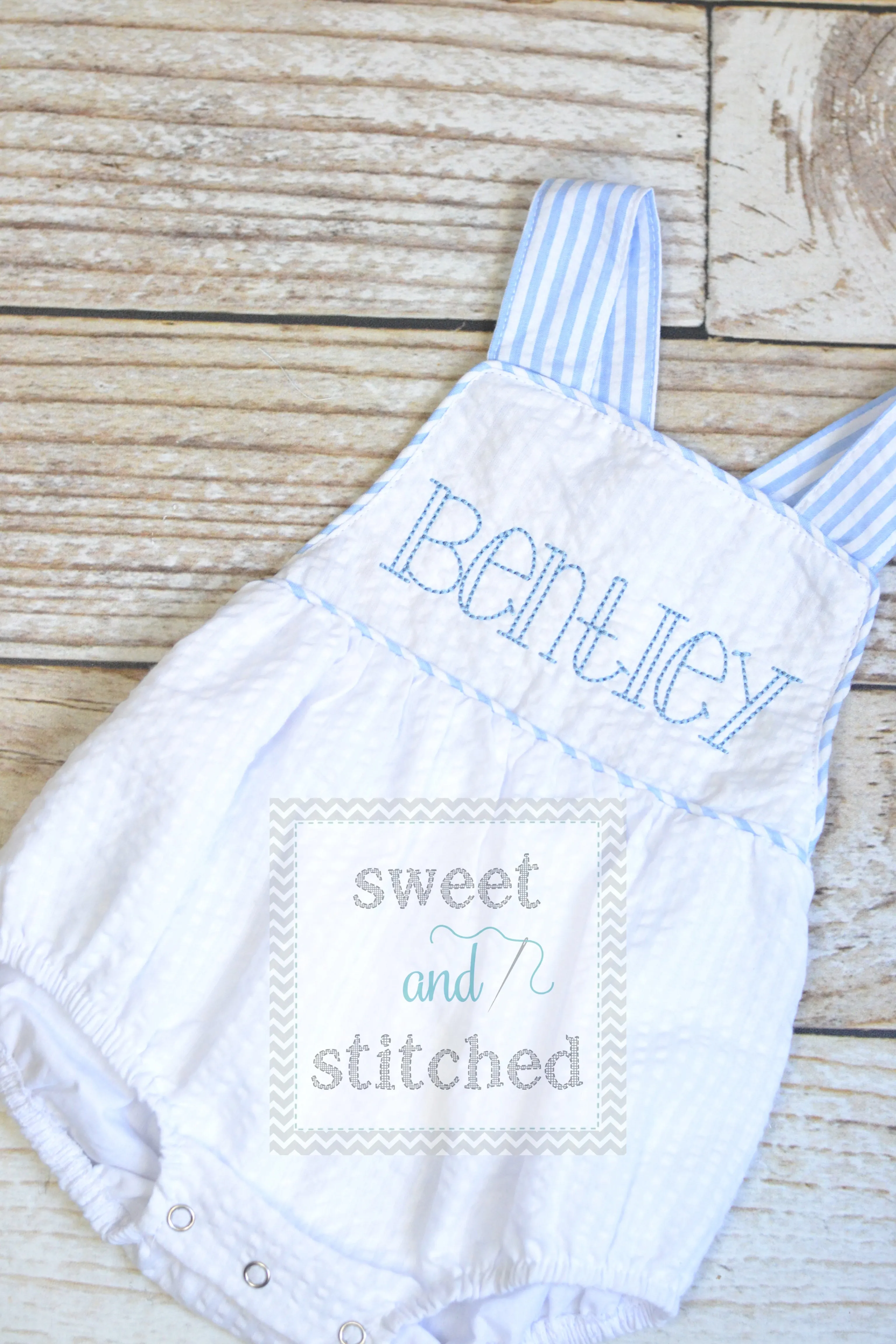 BLANK baby boy seersucker outfit, bubble romper sunsuit BLANK