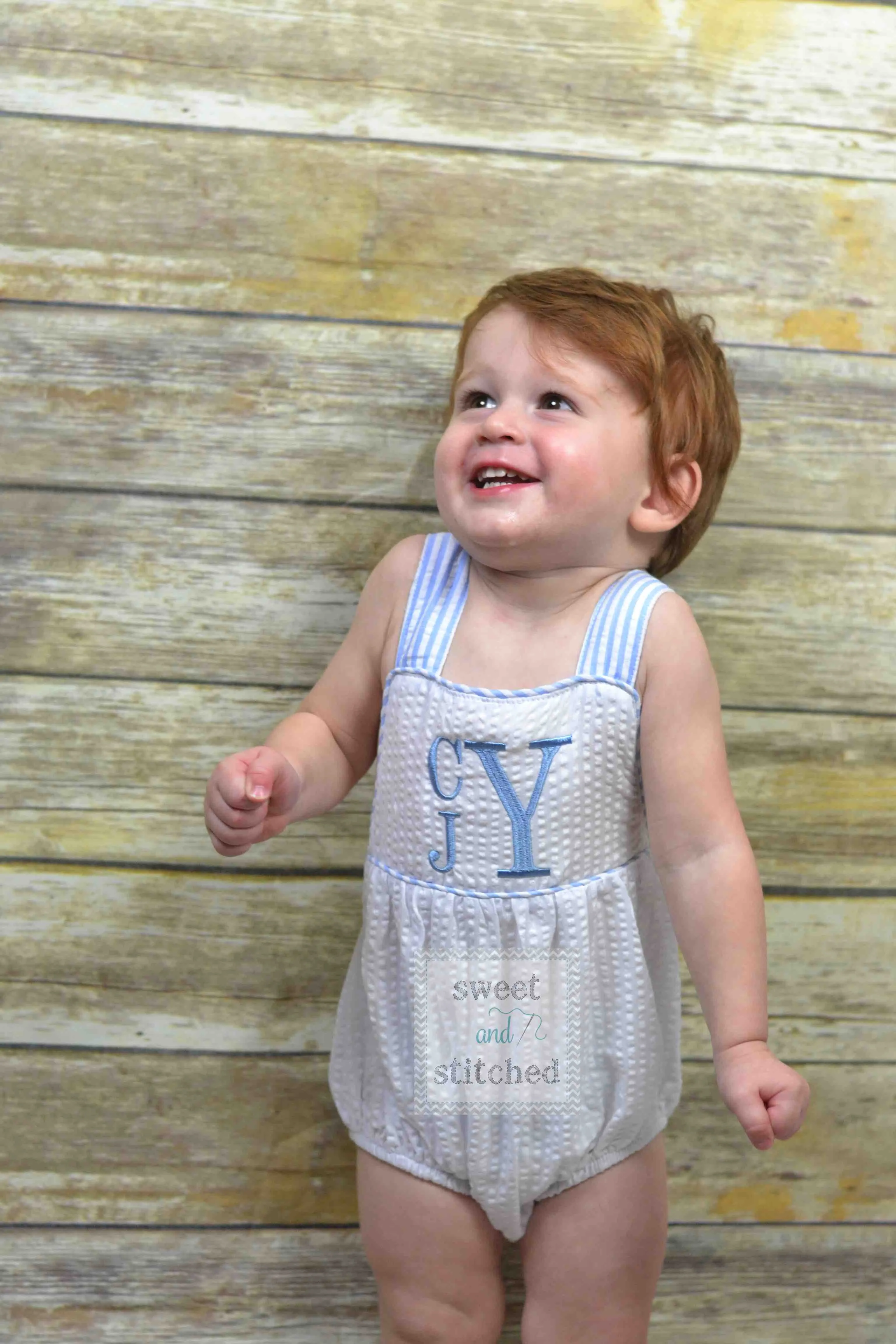 BLANK baby boy seersucker outfit, bubble romper sunsuit BLANK