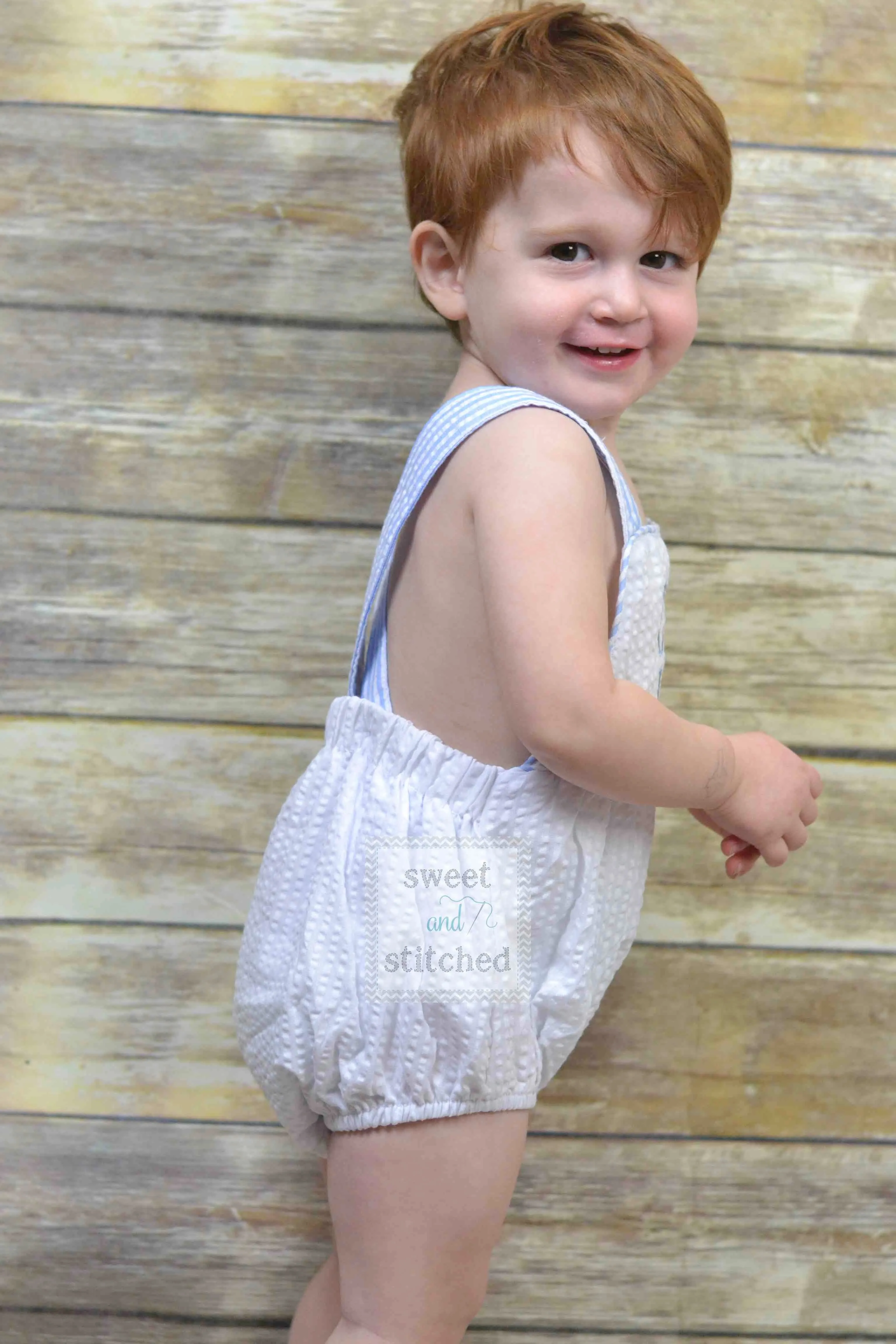 BLANK baby boy seersucker outfit, bubble romper sunsuit BLANK