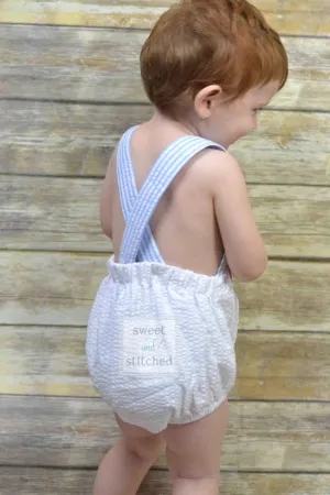 BLANK baby boy seersucker outfit, bubble romper sunsuit BLANK