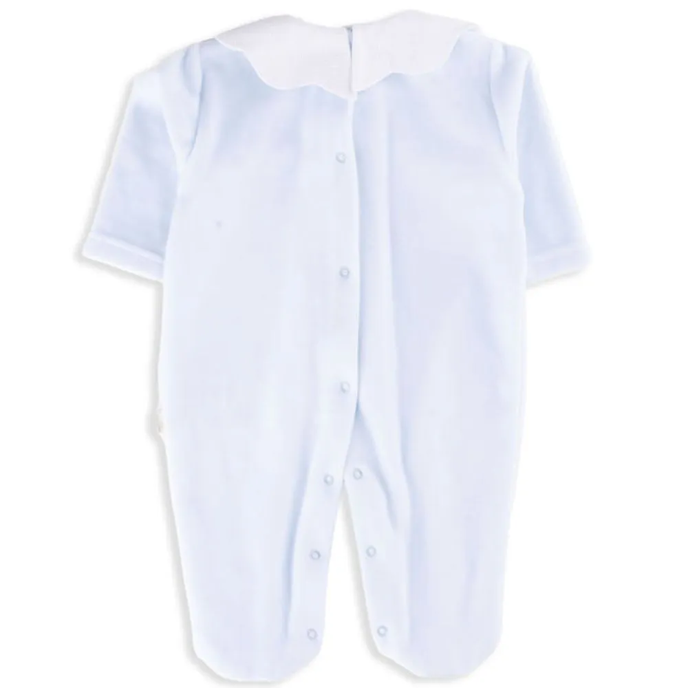 Blue and White Velour Footed Romper with Scalloped Collar