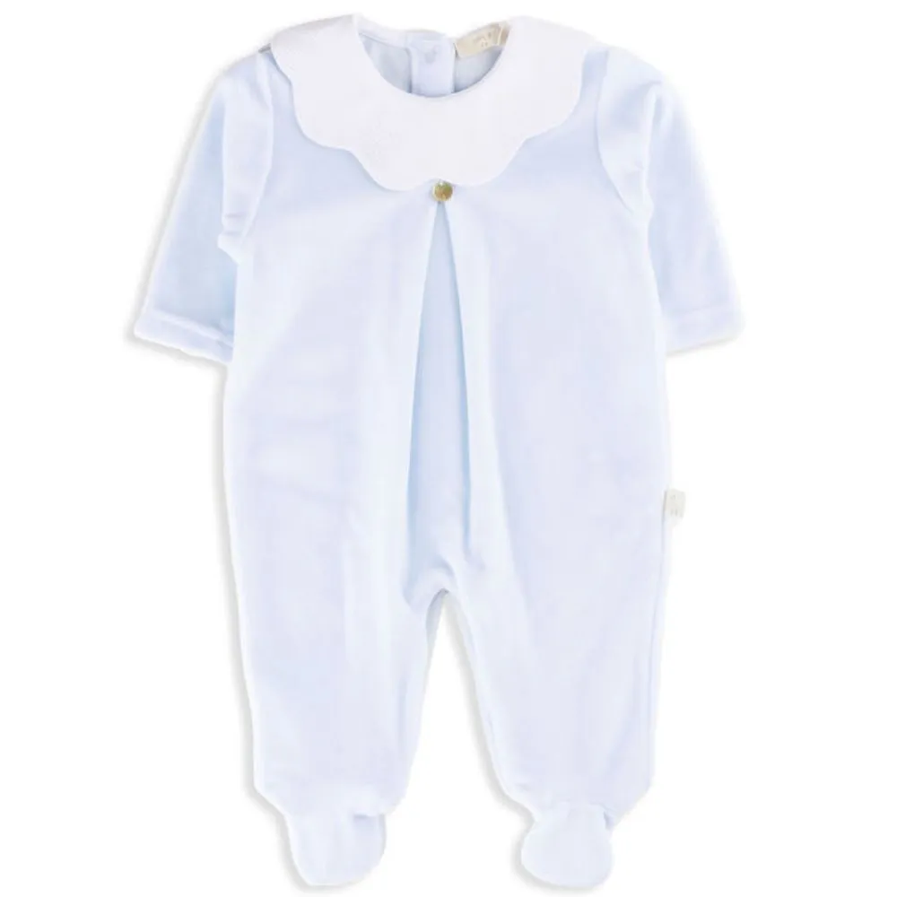 Blue and White Velour Footed Romper with Scalloped Collar