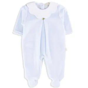 Blue and White Velour Footed Romper with Scalloped Collar