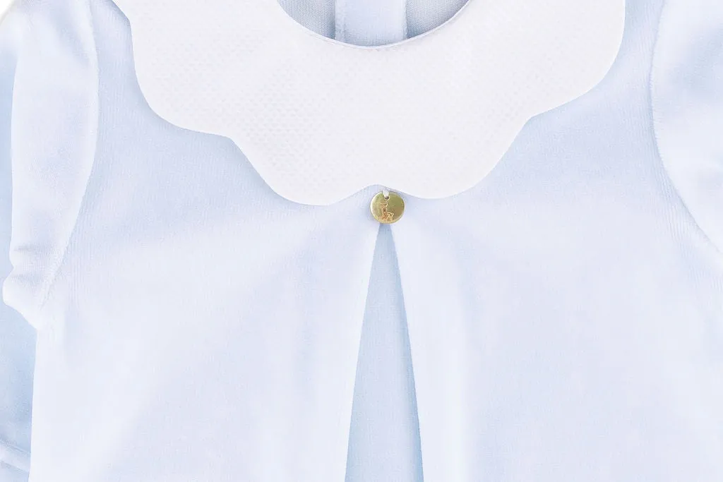 Blue and White Velour Footed Romper with Scalloped Collar