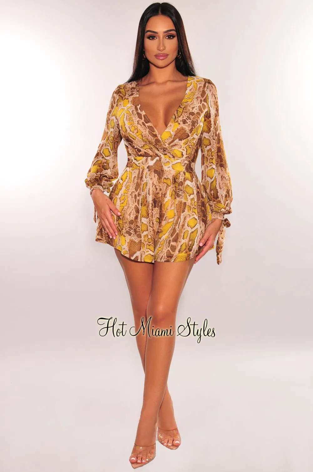 Brown Yellow Snake Print Cut Out Long Sleeve Romper