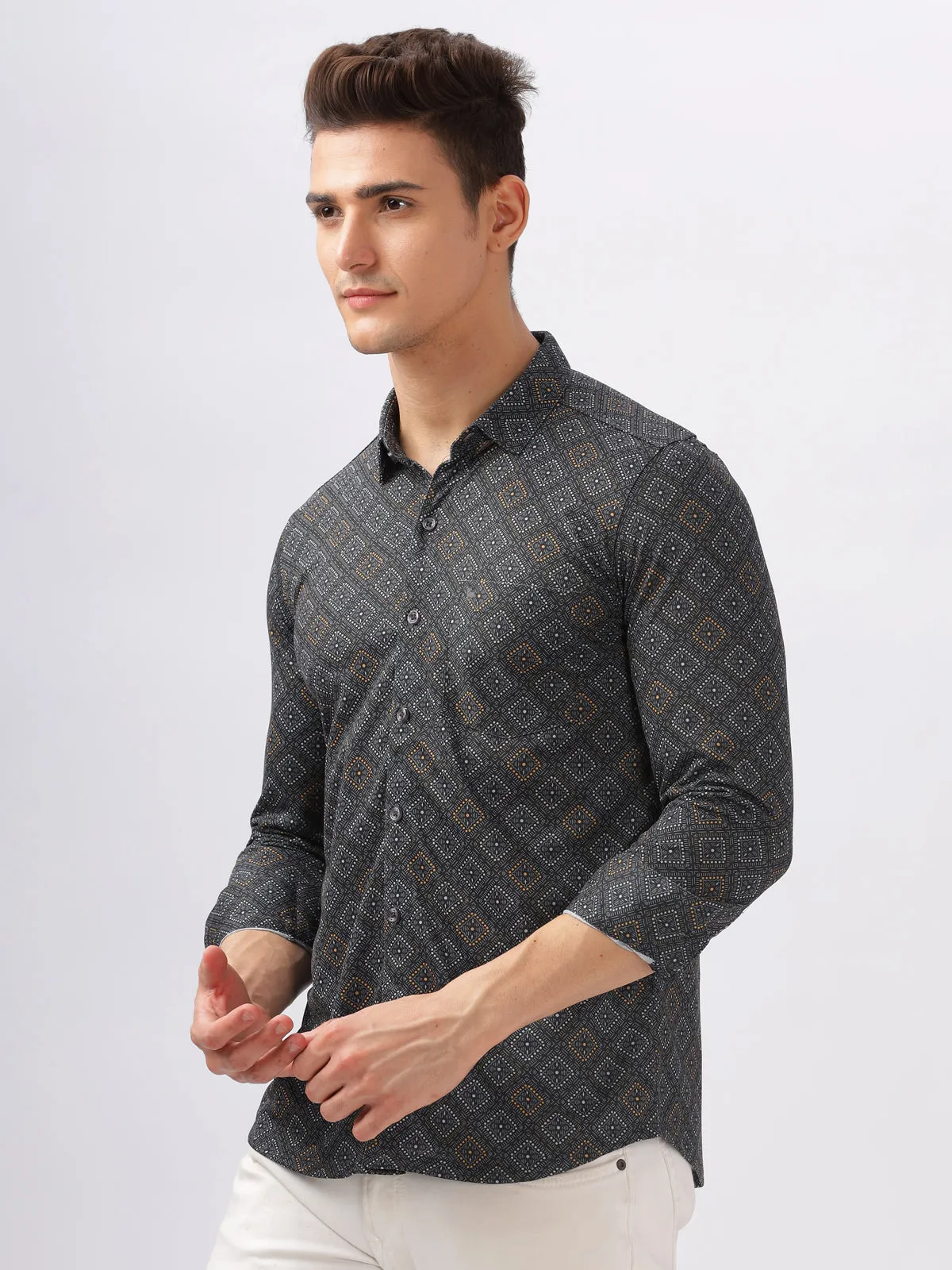 BULLMER Trendy Black Regular Fit printed Causal Full sleeve Shirt For Men.
