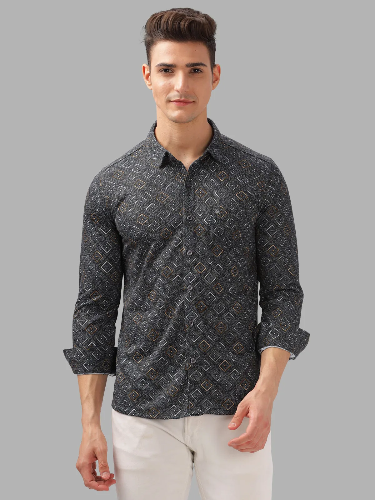 BULLMER Trendy Black Regular Fit printed Causal Full sleeve Shirt For Men.