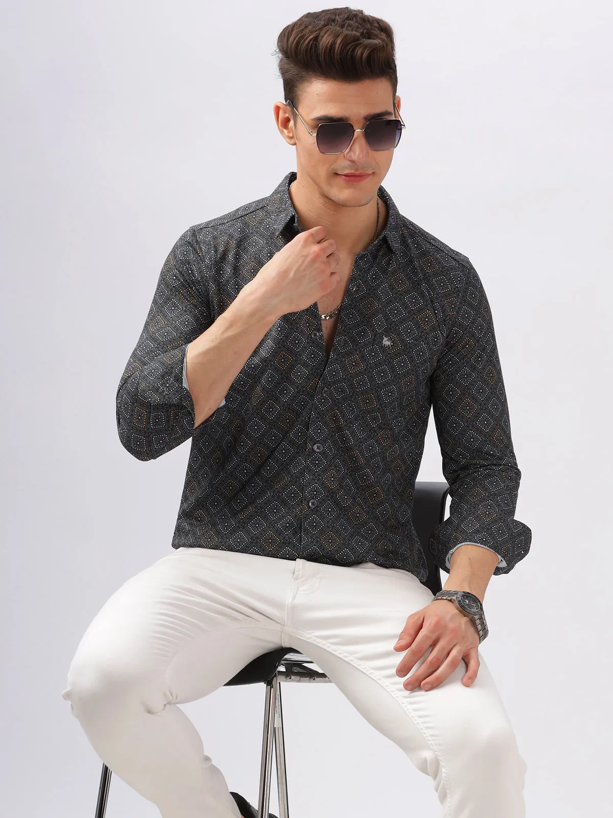 BULLMER Trendy Black Regular Fit printed Causal Full sleeve Shirt For Men.