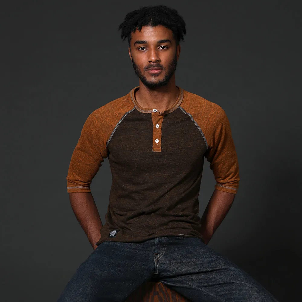 Camel & Chocolate Contrast 3/4 Raglan Sleeve Henley (XL & XXL Available)