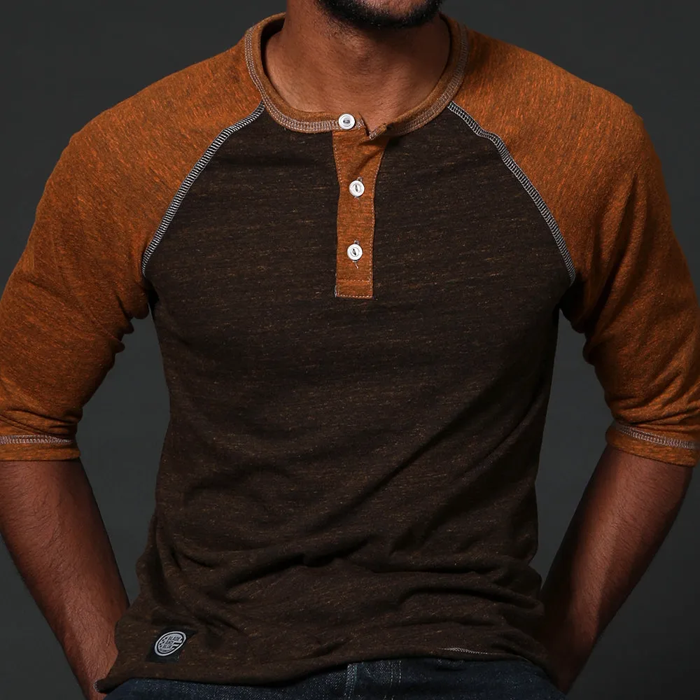 Camel & Chocolate Contrast 3/4 Raglan Sleeve Henley (XL & XXL Available)