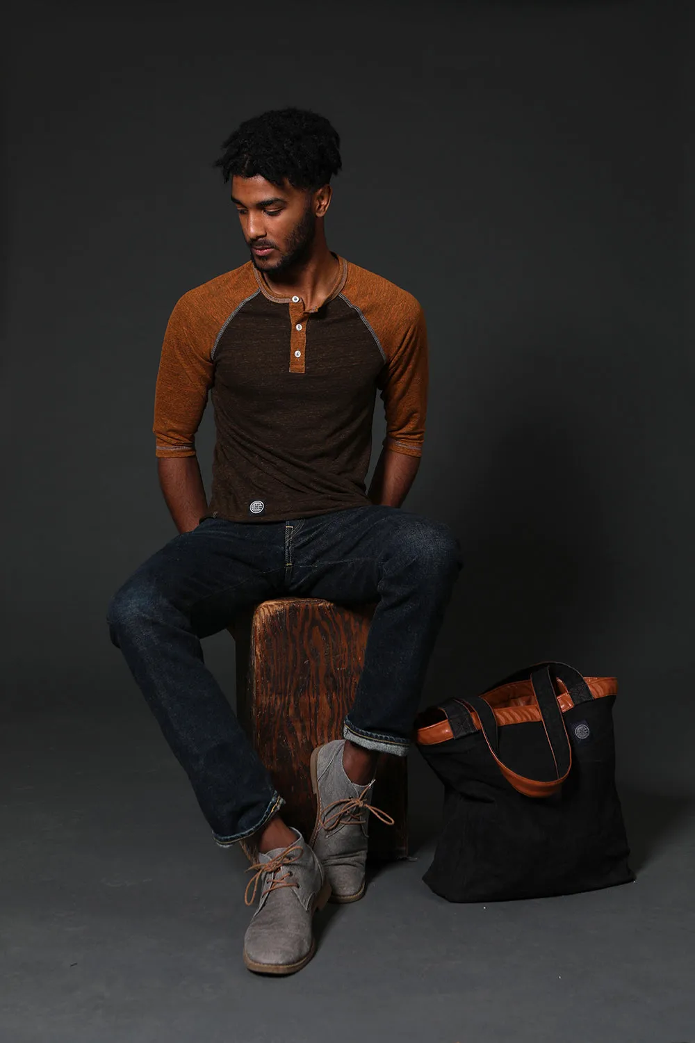Camel & Chocolate Contrast 3/4 Raglan Sleeve Henley (XL & XXL Available)