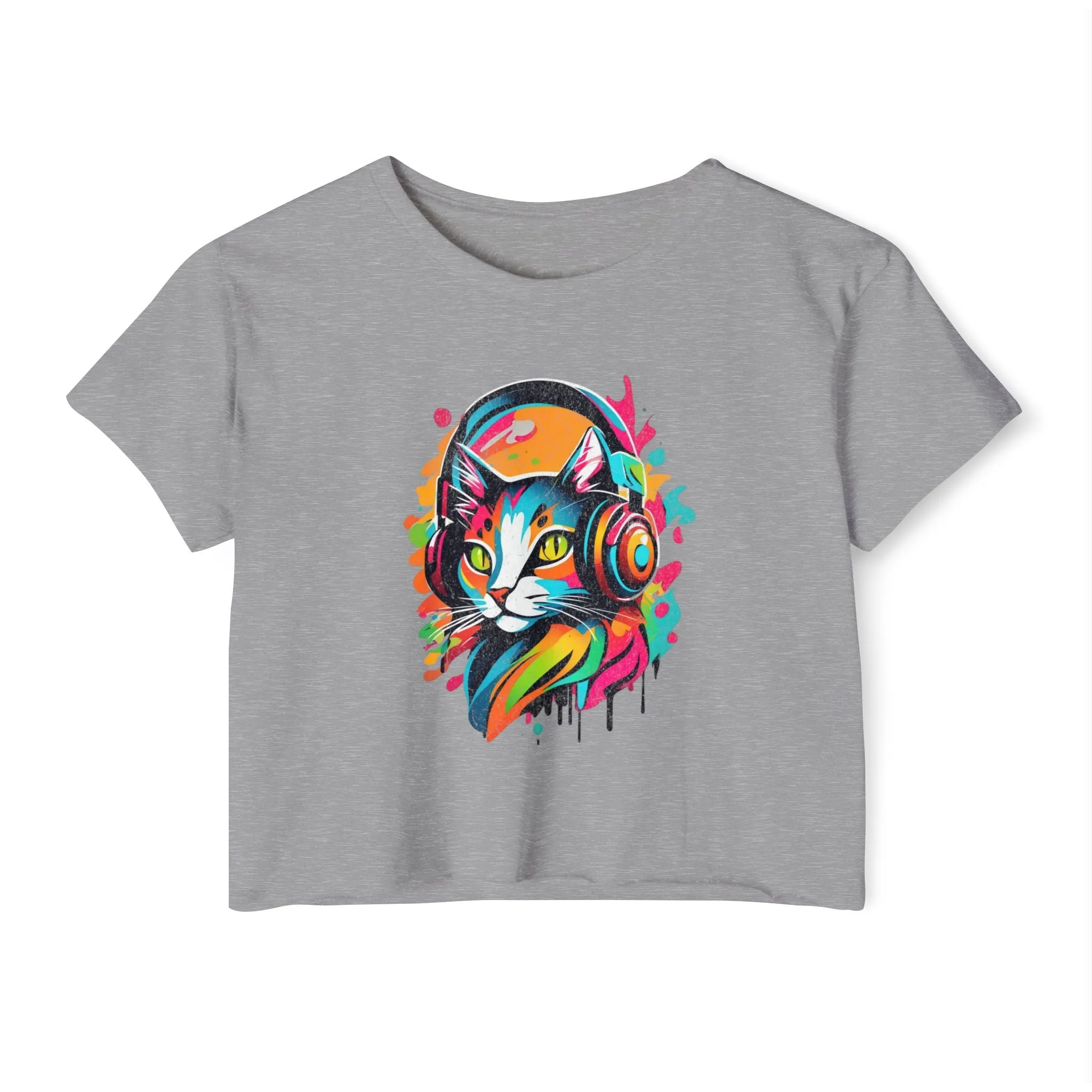 Cat with headphones - Abstract colorblock design - Cute crop tee