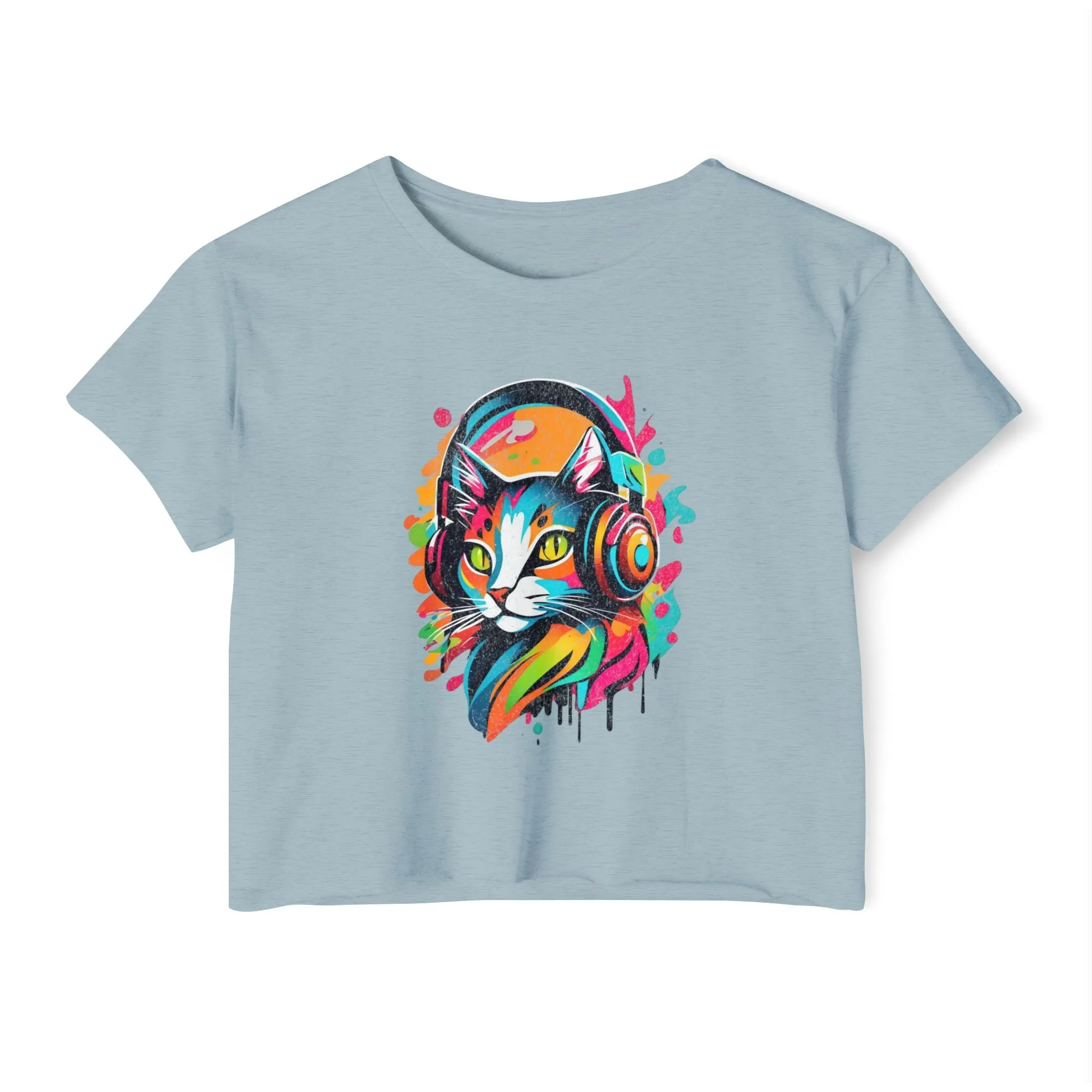 Cat with headphones - Abstract colorblock design - Cute crop tee