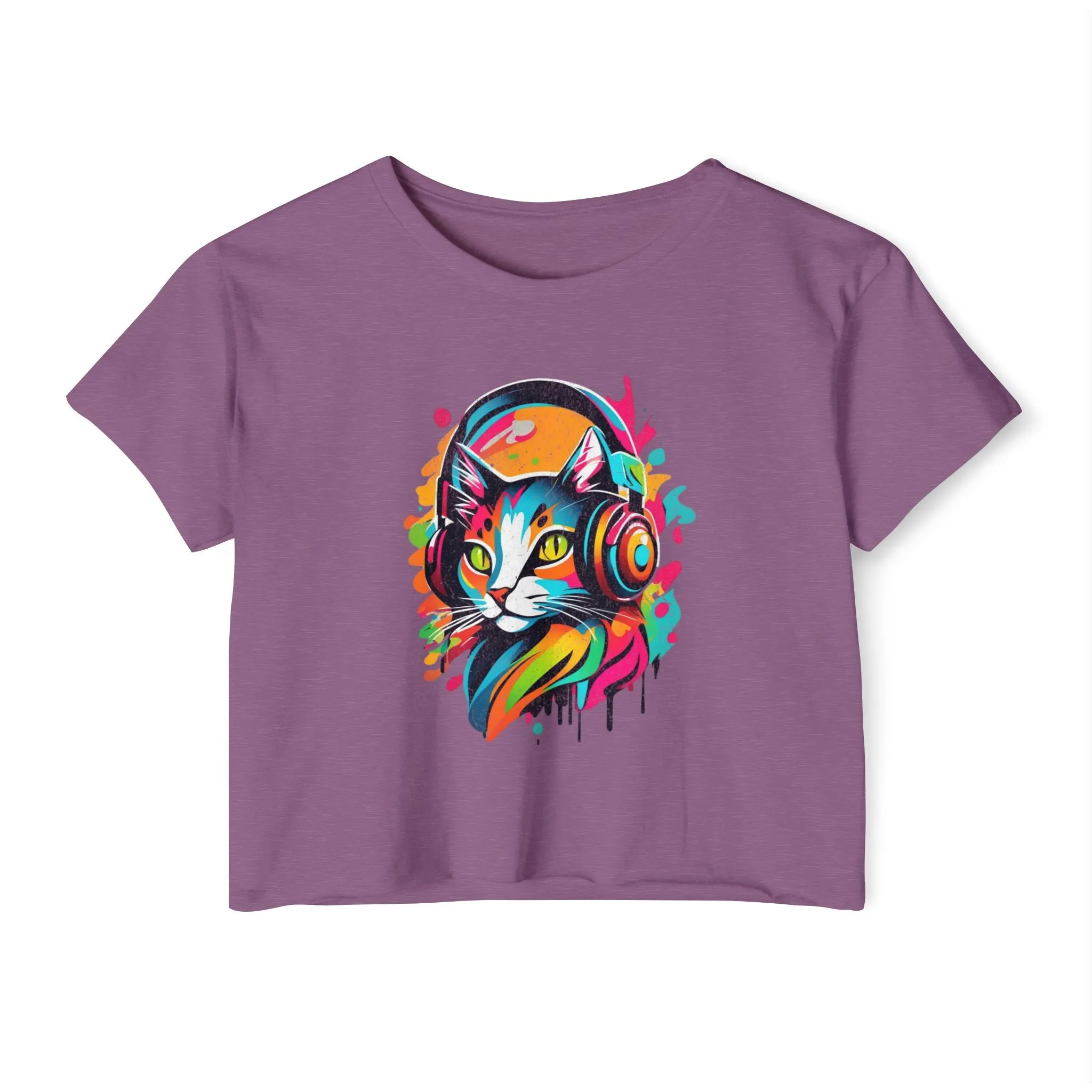 Cat with headphones - Abstract colorblock design - Cute crop tee