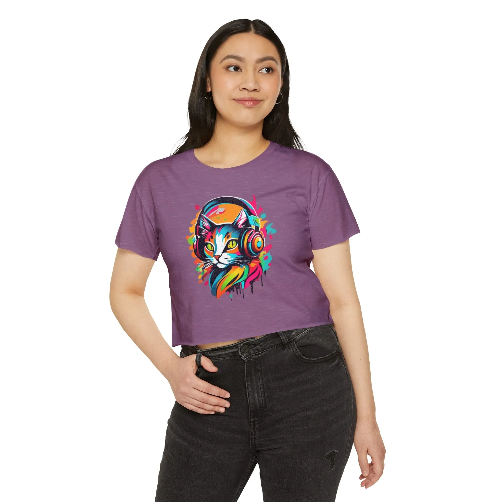 Cat with headphones - Abstract colorblock design - Cute crop tee