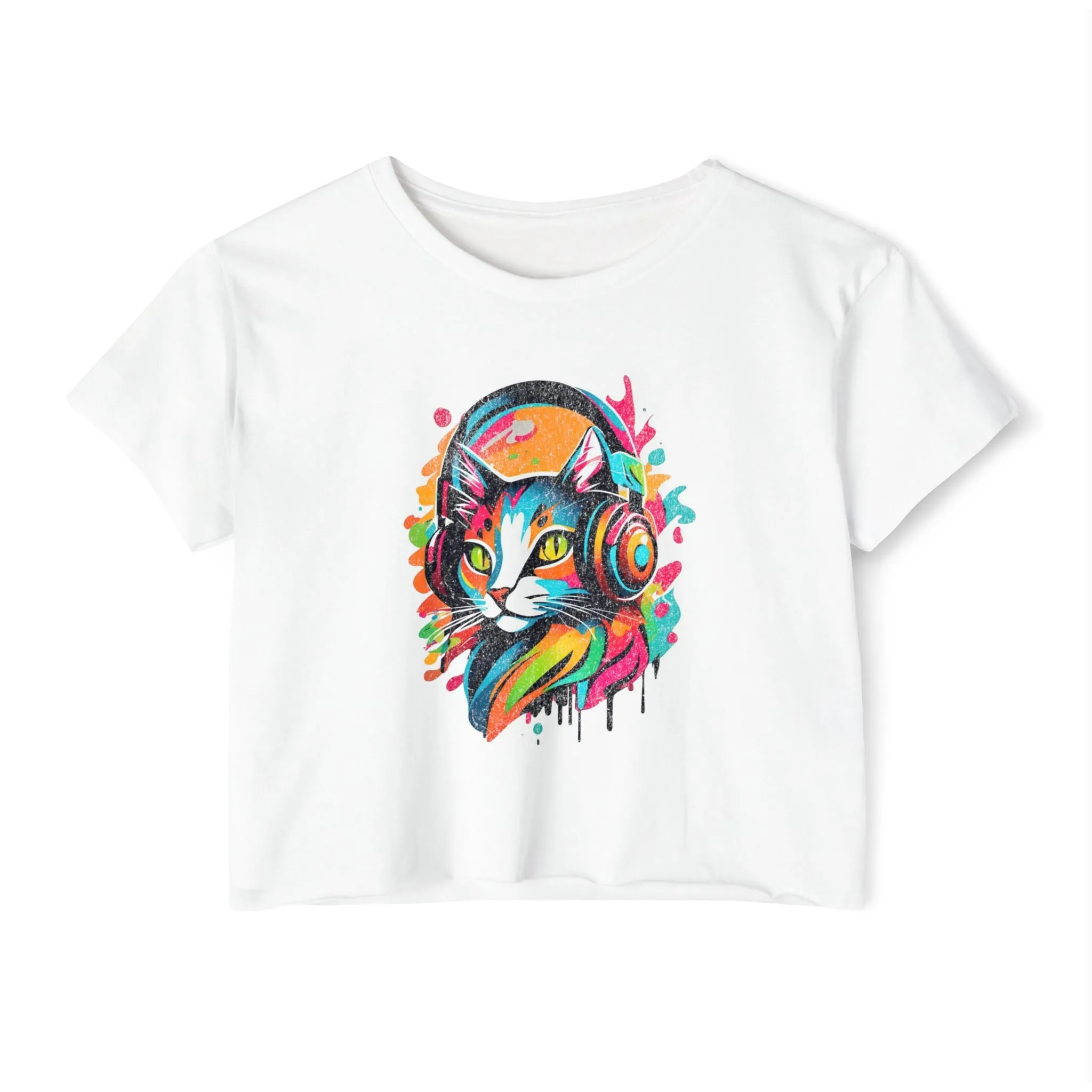 Cat with headphones - Abstract colorblock design - Cute crop tee