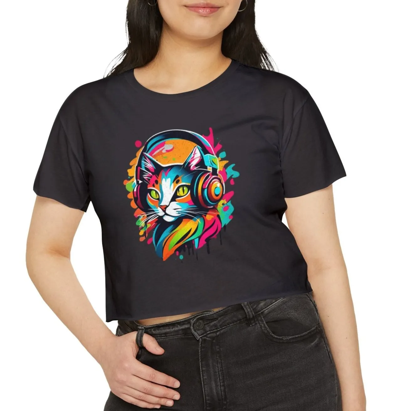 Cat with headphones - Abstract colorblock design - Cute crop tee