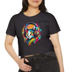 Cat with headphones - Abstract colorblock design - Cute crop tee