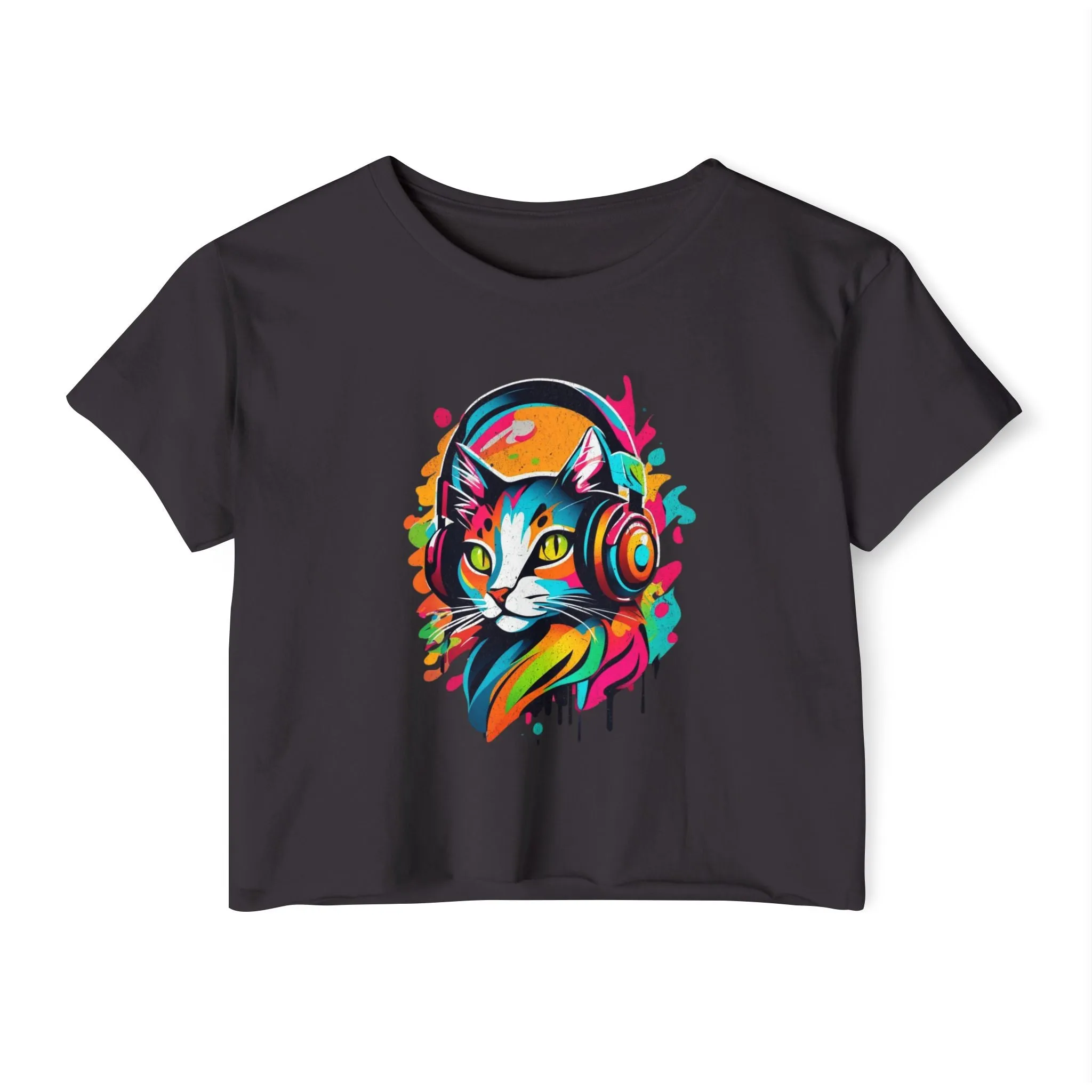 Cat with headphones - Abstract colorblock design - Cute crop tee