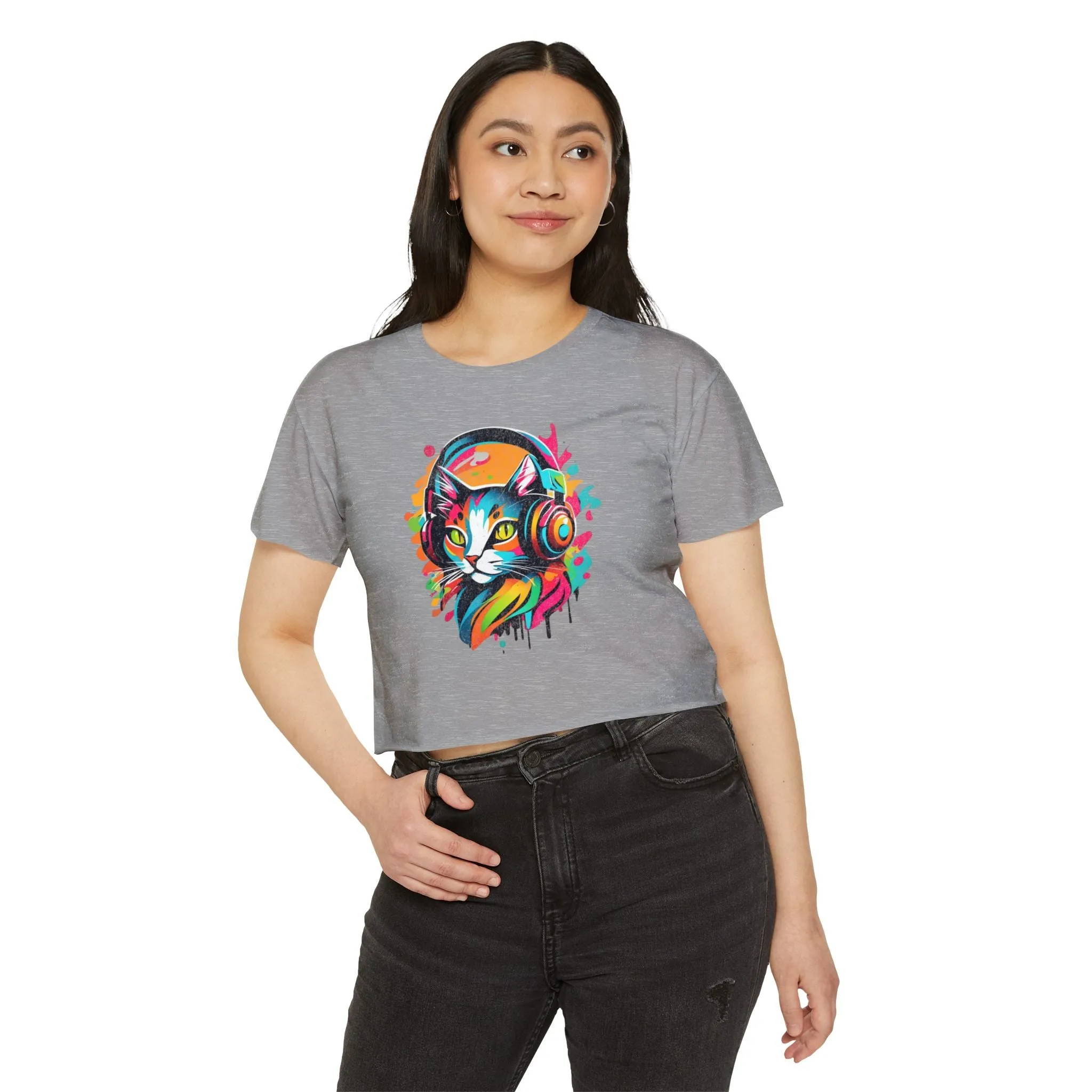 Cat with headphones - Abstract colorblock design - Cute crop tee