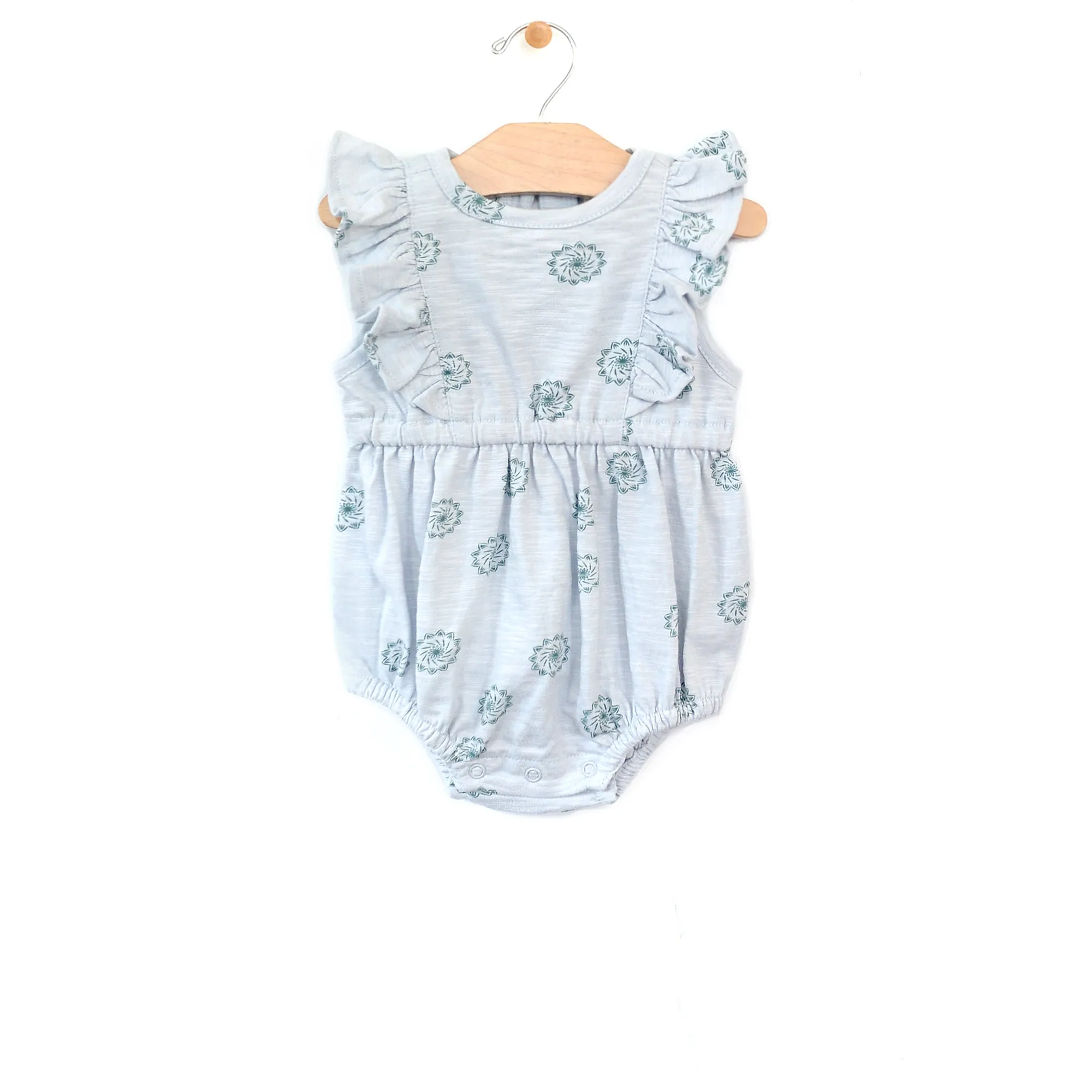 City Mouse Whisper Blue Sea Spirals Slub Flutter Bubble Romper