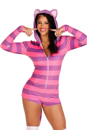 Comfy Cheshire Romper Costume with a zipper front,  Molded tail and cute ear hood