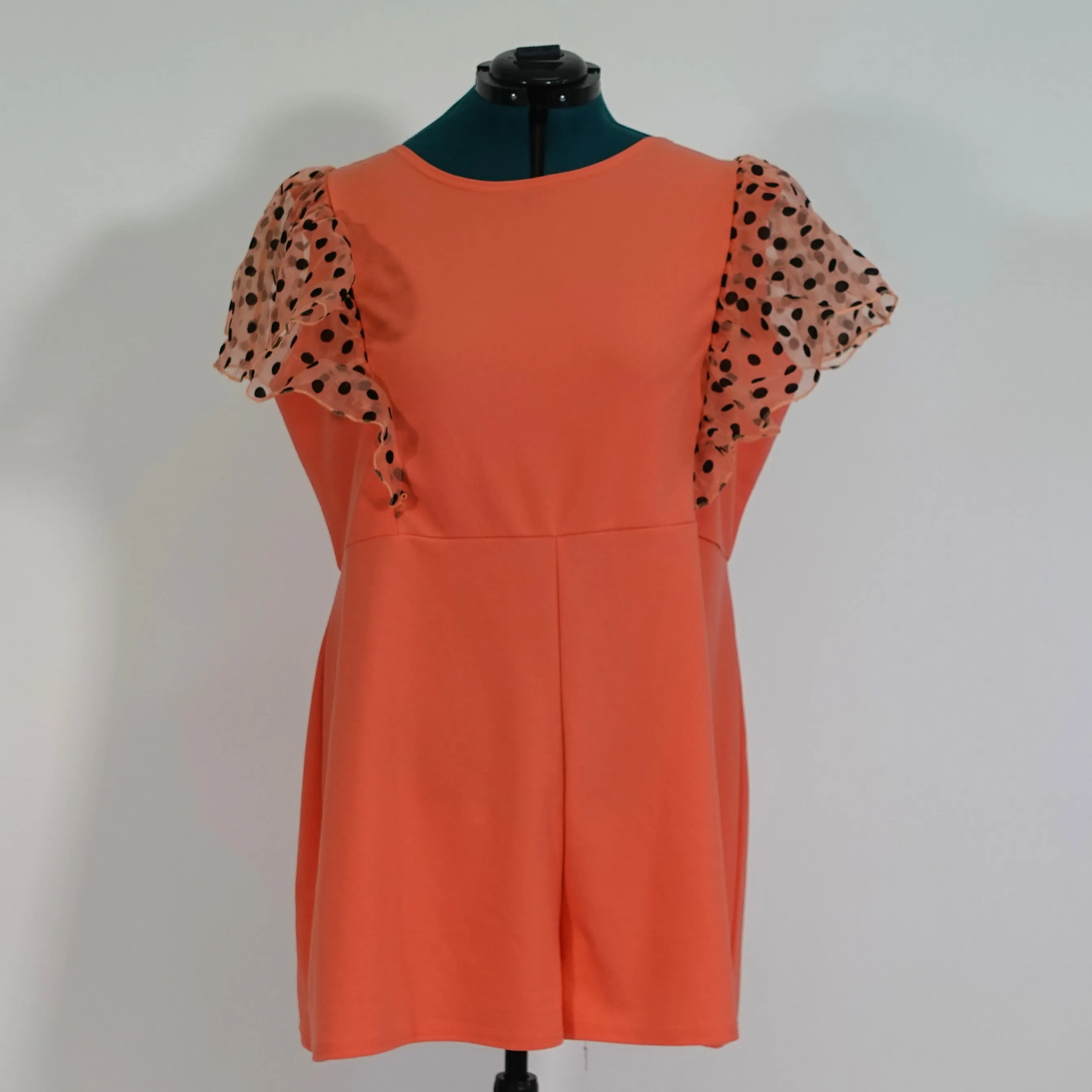Coral Romper with Black Polka Dot Ruffle Sleeves