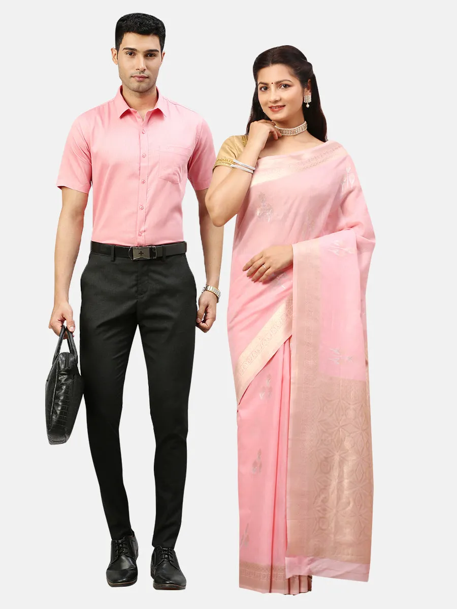 Couple Combo Half Sleeves Shirt & Weaving Saree Pink SL136